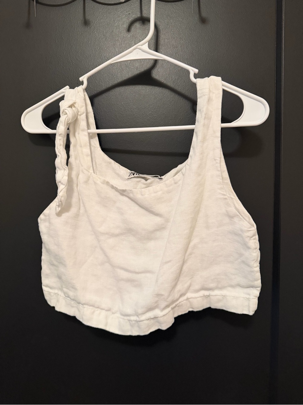 Zara White Linen Tie-Shoulder Cropped Tank
